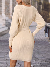 Load image into Gallery viewer, Surplice Neck Tie Waist Sweater Dress
