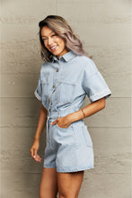 Load image into Gallery viewer, Collared Neck Denim Romper with Pockets
