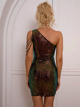 Load image into Gallery viewer, Sequin Rhinestone Chain Detail One-Shoulder Bodycon Dress
