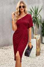 Load image into Gallery viewer, Ruched One-Shoulder Tulip Hem Dress
