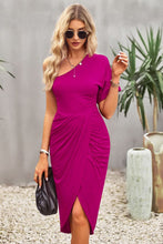 Load image into Gallery viewer, Ruched One-Shoulder Tulip Hem Dress
