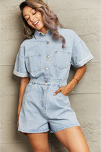 Load image into Gallery viewer, Collared Neck Denim Romper with Pockets
